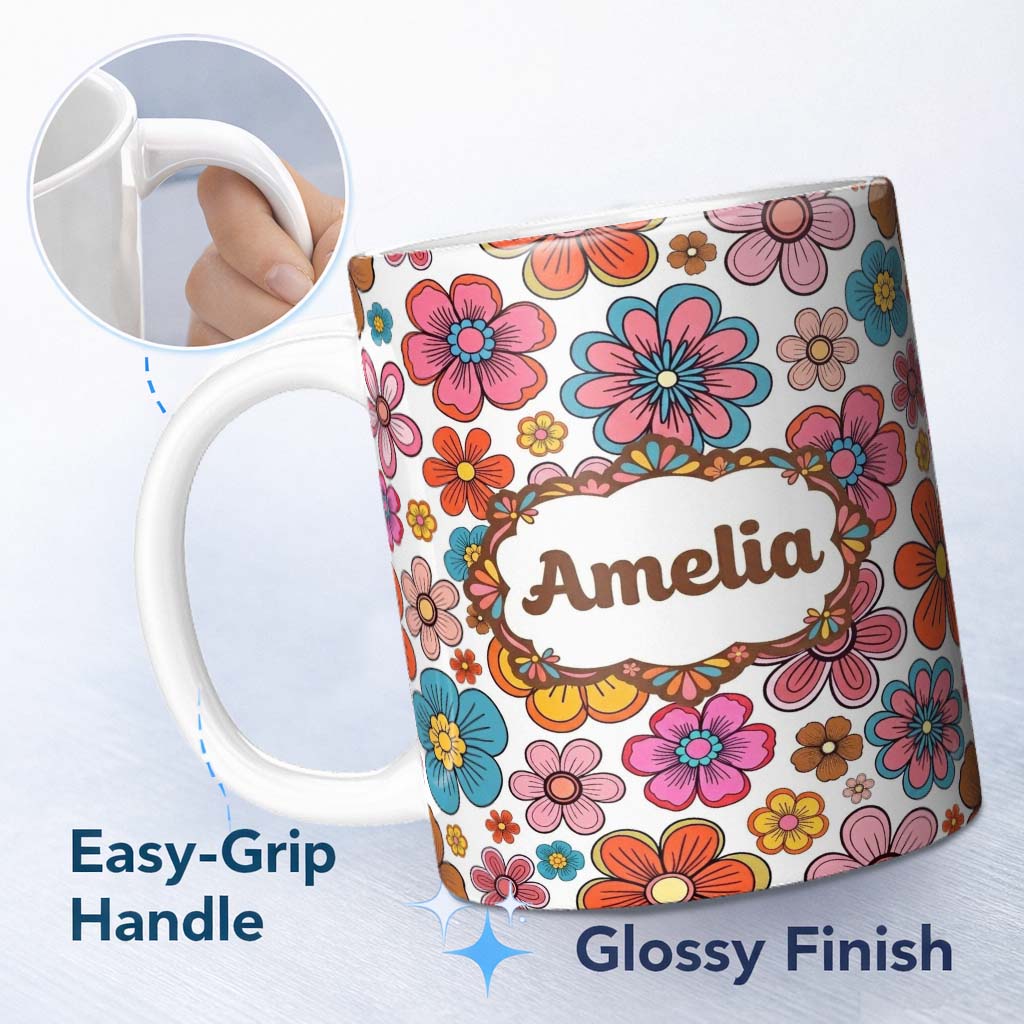 Personalized Custom Name Cute Multicolor Floral Bloom Light Grey Seamless Pattern Name 11oz Ceramic Coffee Tea Mug White Large Handle