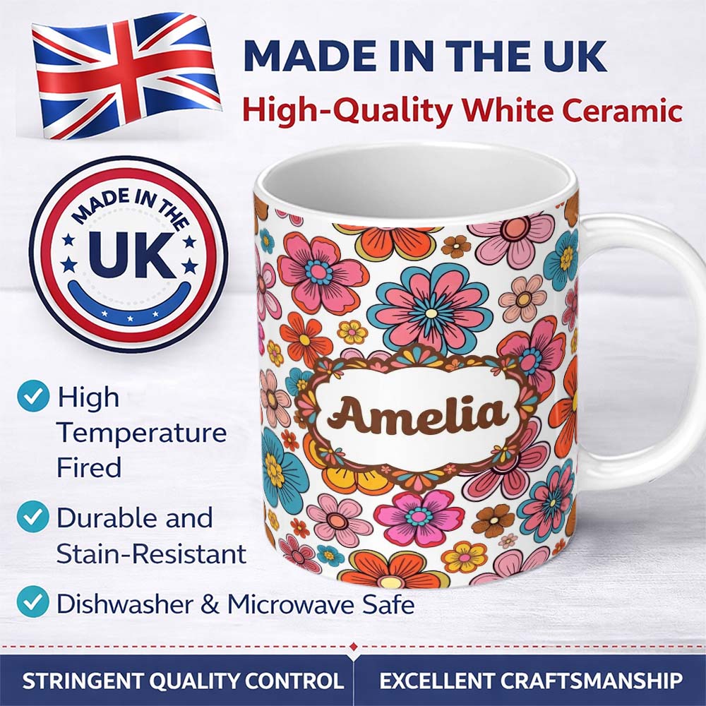 Personalized Custom Name Cute Multicolor Floral Bloom Light Grey Seamless Pattern Name 11oz Ceramic Coffee Tea Mug White Large Handle