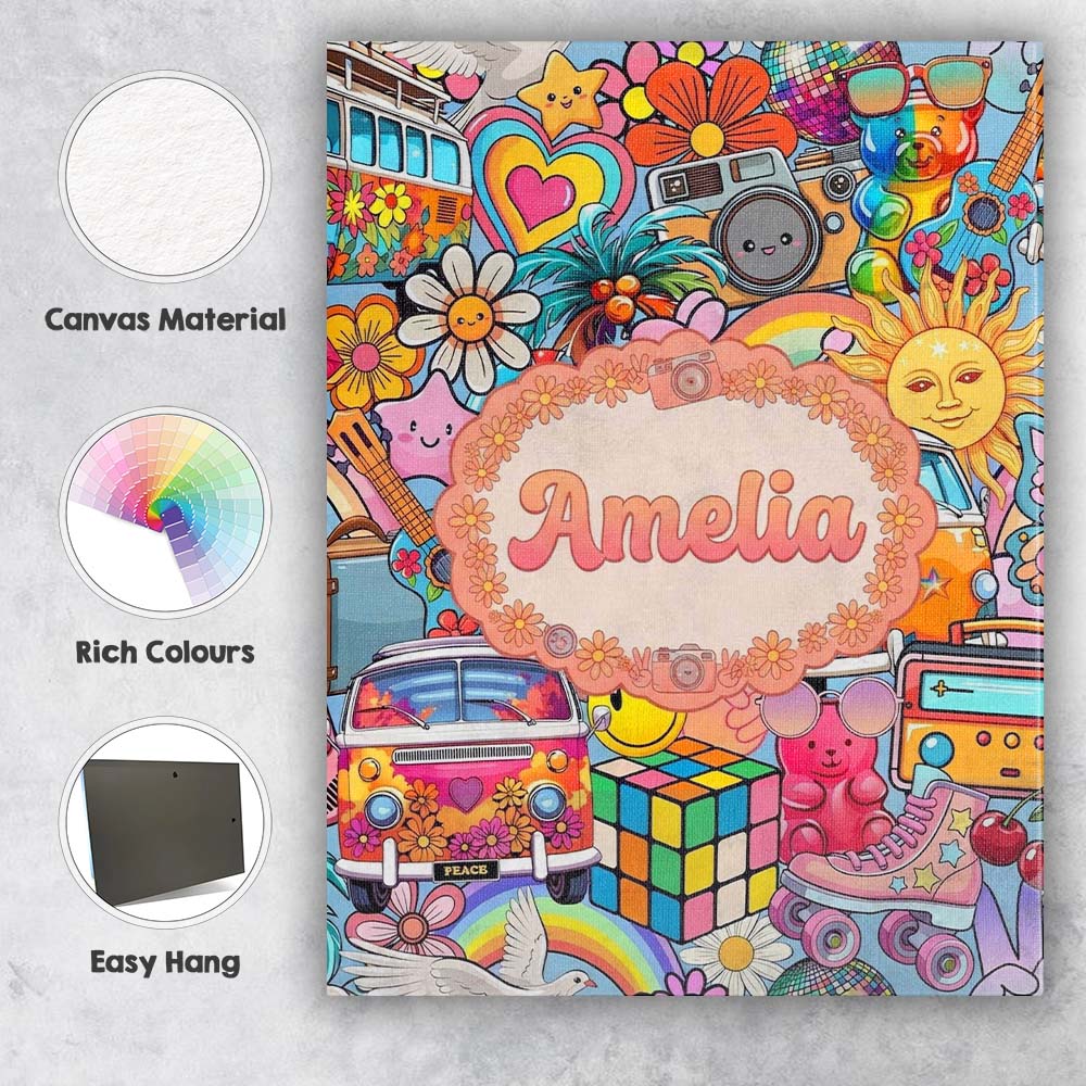 Personalised Name Hippie Van Rainbow Smiley Custom Bespoke Interior Contemporary Canvas Wall Art Print Decor Picture Ready to Hang