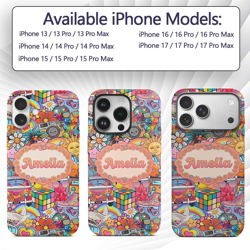 Hippie Van Rainbow Smiley Music Collage Blue Custom Name Protective Phone Case Mobile Cover Durable Everyday Smartphone Shock Resistant