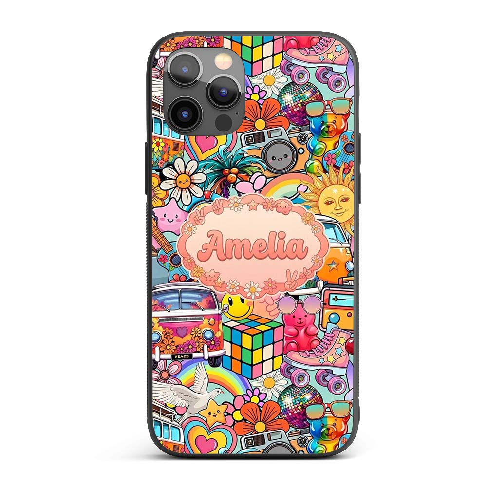 Hippie Van Rainbow Smiley Music Collage Teal Custom Name Protective Phone Case Mobile Cover Durable Everyday Smartphone Shock Resistant