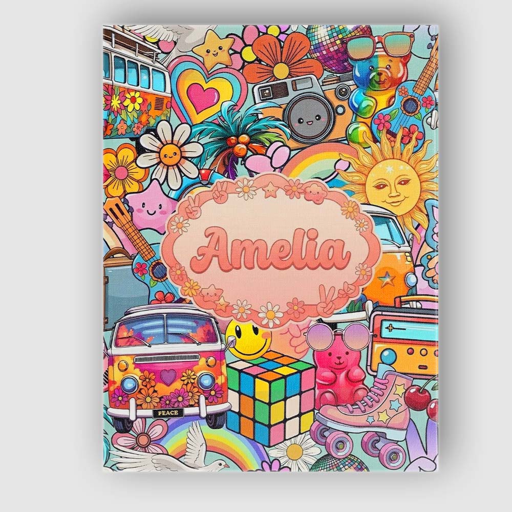 Personalised Name Hippie Van Rainbow Smiley Custom Bespoke Interior Contemporary Canvas Wall Art Print Decor Picture Ready to Hang