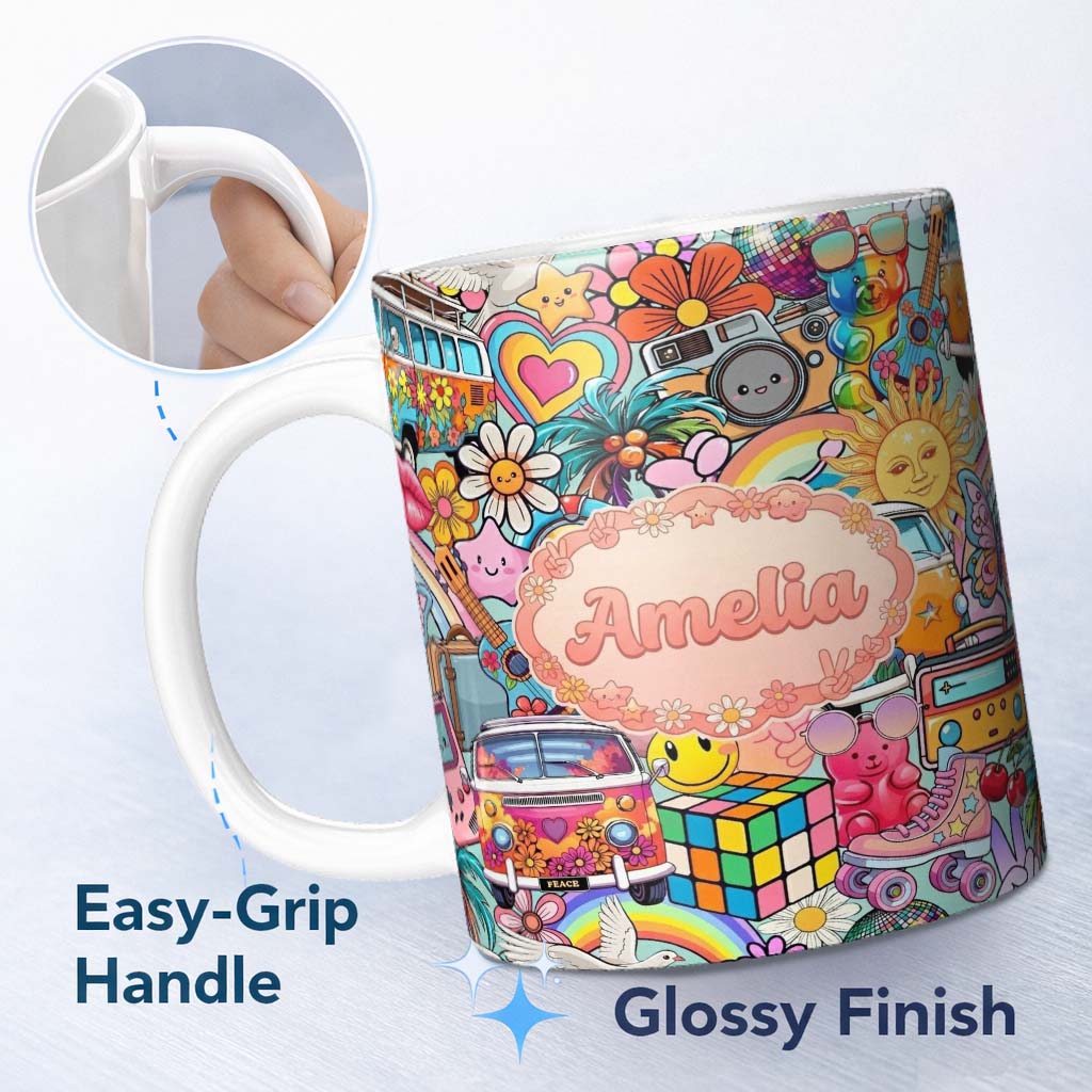 Personalized Custom Name Hippie Van Rainbow Smiley Music Collage Teal Background Seamless 11oz Ceramic Coffee Tea Mug White Large Handle