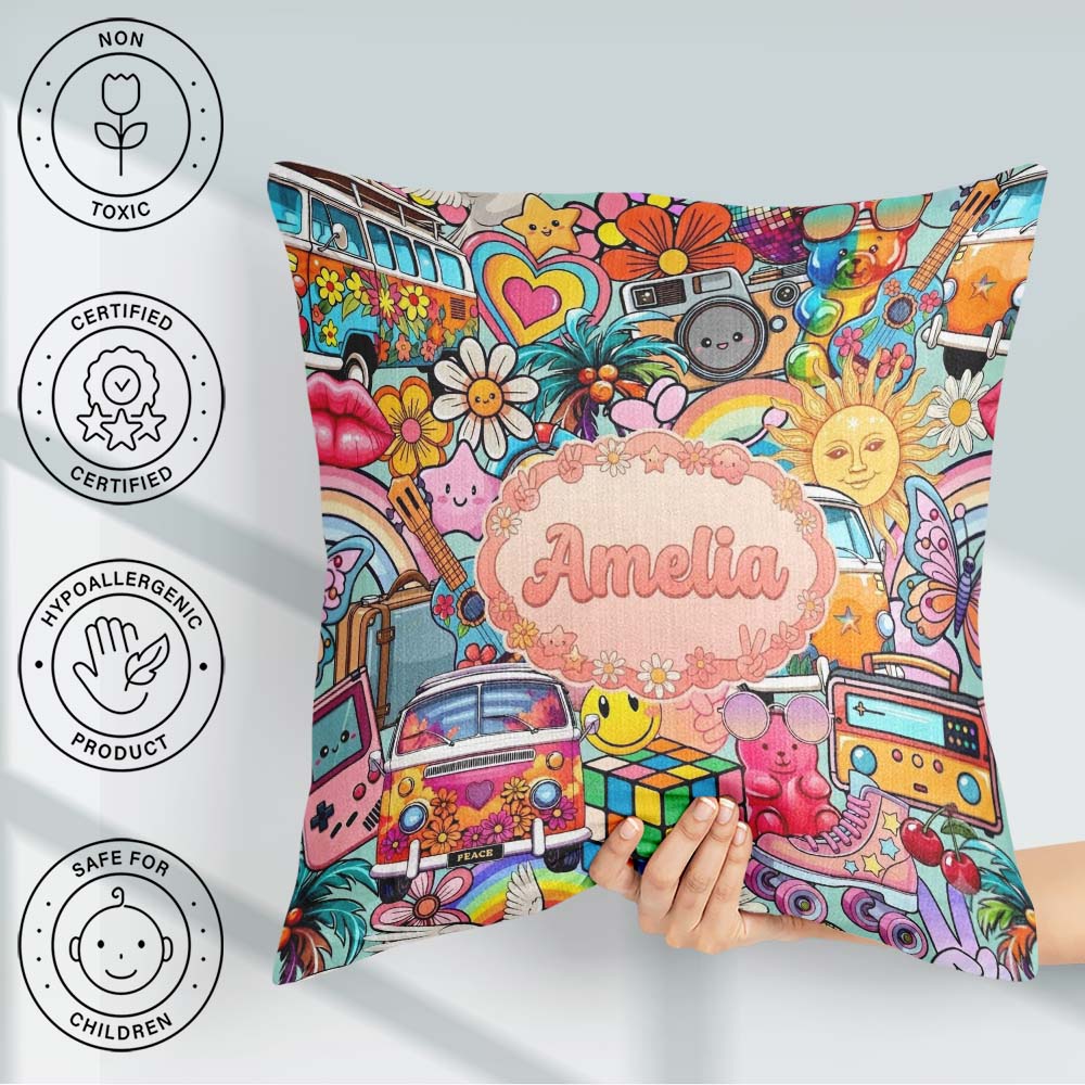 Custom Name Hippie Van Rainbow Music Collage Background Seamless Square Filled Cushion Throw Pillow Sofa Bed Home Decor Zip Washable UK Made