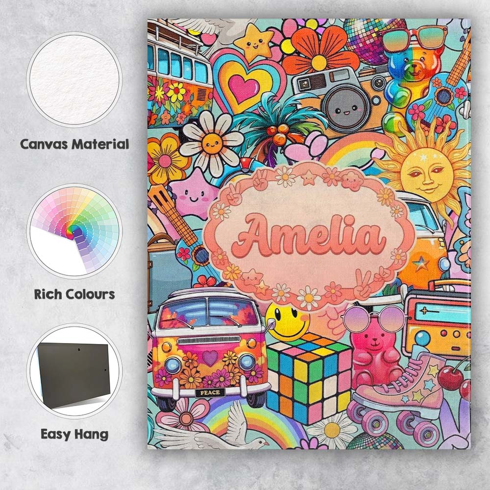 Personalised Name Hippie Van Rainbow Smiley Custom Bespoke Interior Contemporary Canvas Wall Art Print Decor Picture Ready to Hang