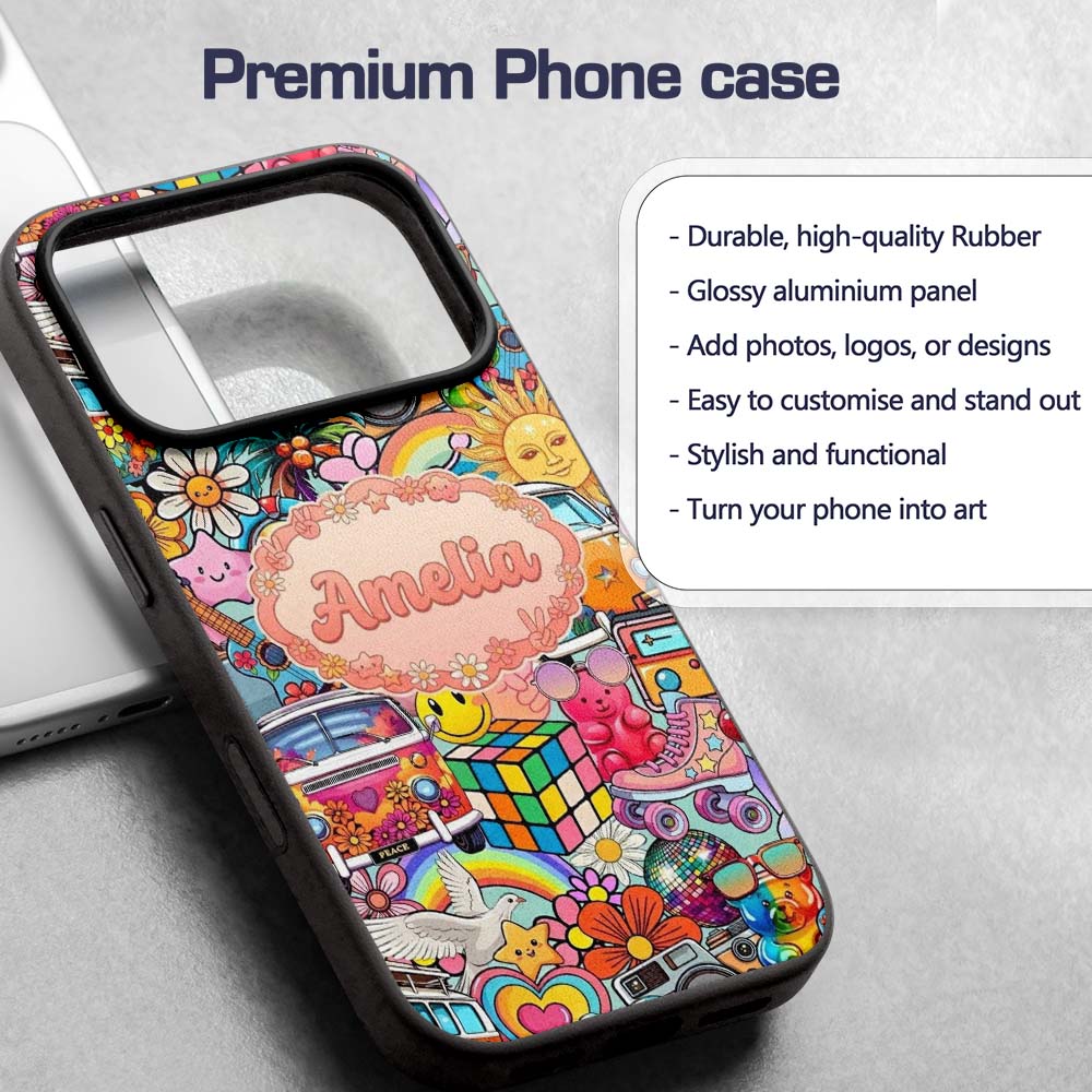 Hippie Van Rainbow Smiley Music Collage Teal Custom Name Protective Phone Case Mobile Cover Durable Everyday Smartphone Shock Resistant