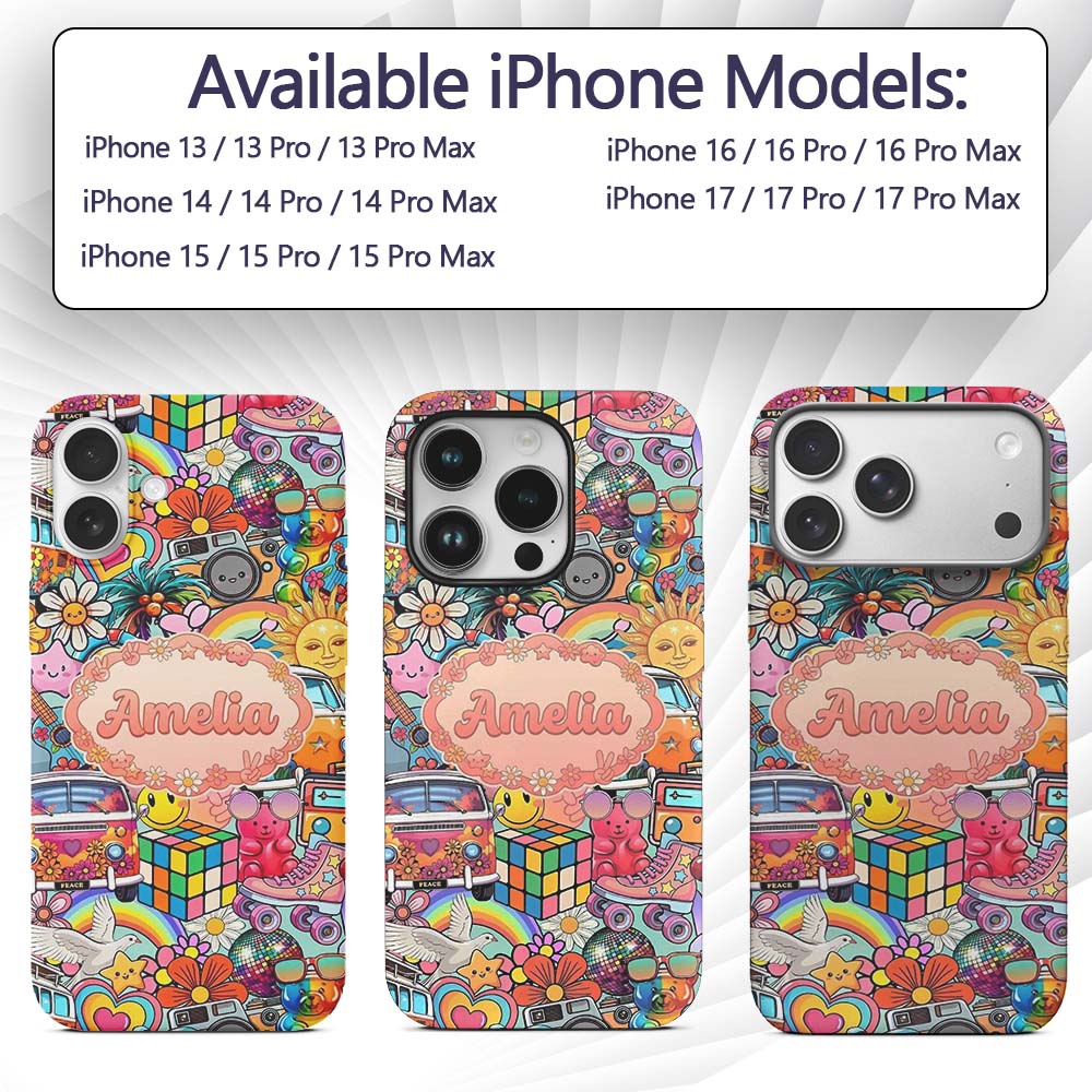 Hippie Van Rainbow Smiley Music Collage Teal Custom Name Protective Phone Case Mobile Cover Durable Everyday Smartphone Shock Resistant