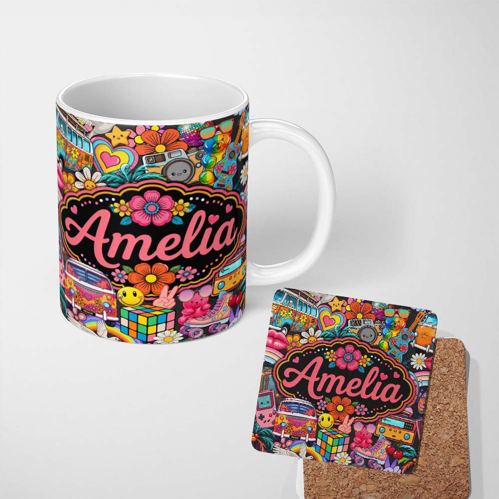 Personalized Custom Name Hippie Rainbow Smileys Music Collage Black Background Seamless 11oz Ceramic Coffee Tea Mug White Large Handle