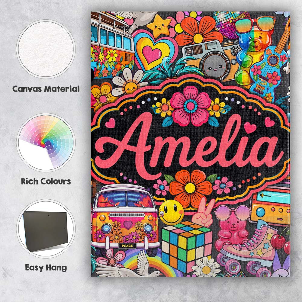 Personalised Name Hippie Rainbow Smileys Custom Unique Gift Idea Elegant Feature Canvas Wall Art Print Decor Picture Ready to Hang