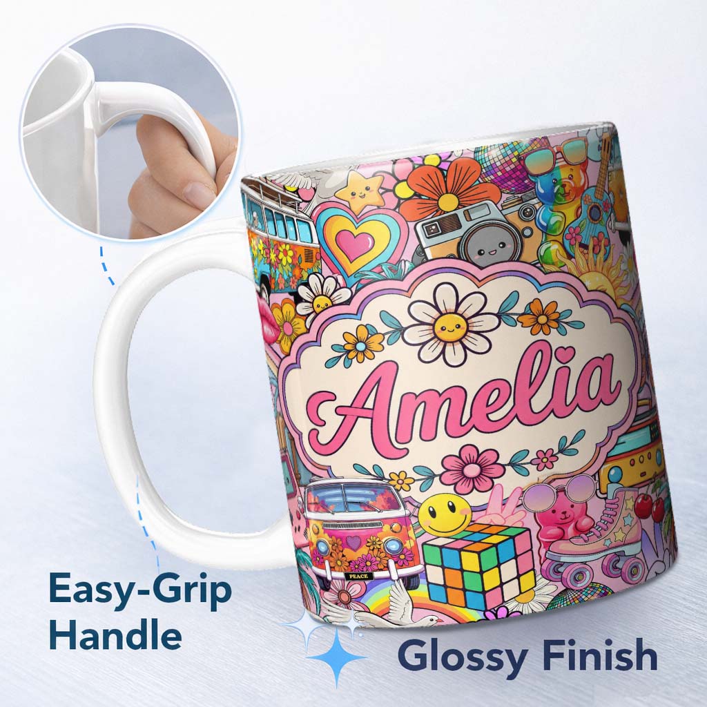 Personalized Custom Name Hippie Van Rainbow Smiley Music Collage Pink Background Seamless 11oz Ceramic Coffee Tea Mug White Large Handle
