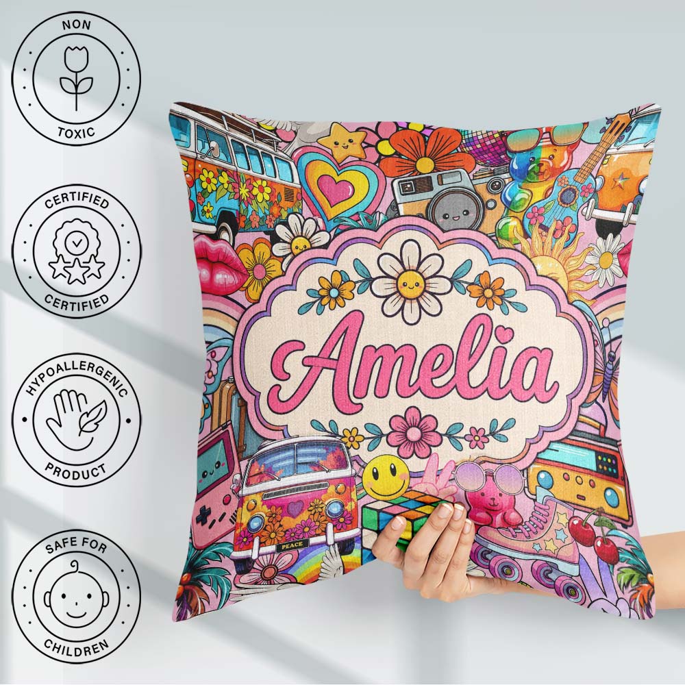 Custom Name Hippie Van Rainbow Music Collage Background Seamless Square Filled Cushion Throw Pillow Sofa Bed Home Decor Zip Washable UK Made