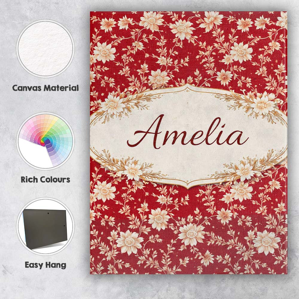 Personalised Name Classic Red and Cream Floral Seamless Pattern Custom Statement Canvas Wall Art Print Decor Picture Ready to Hang