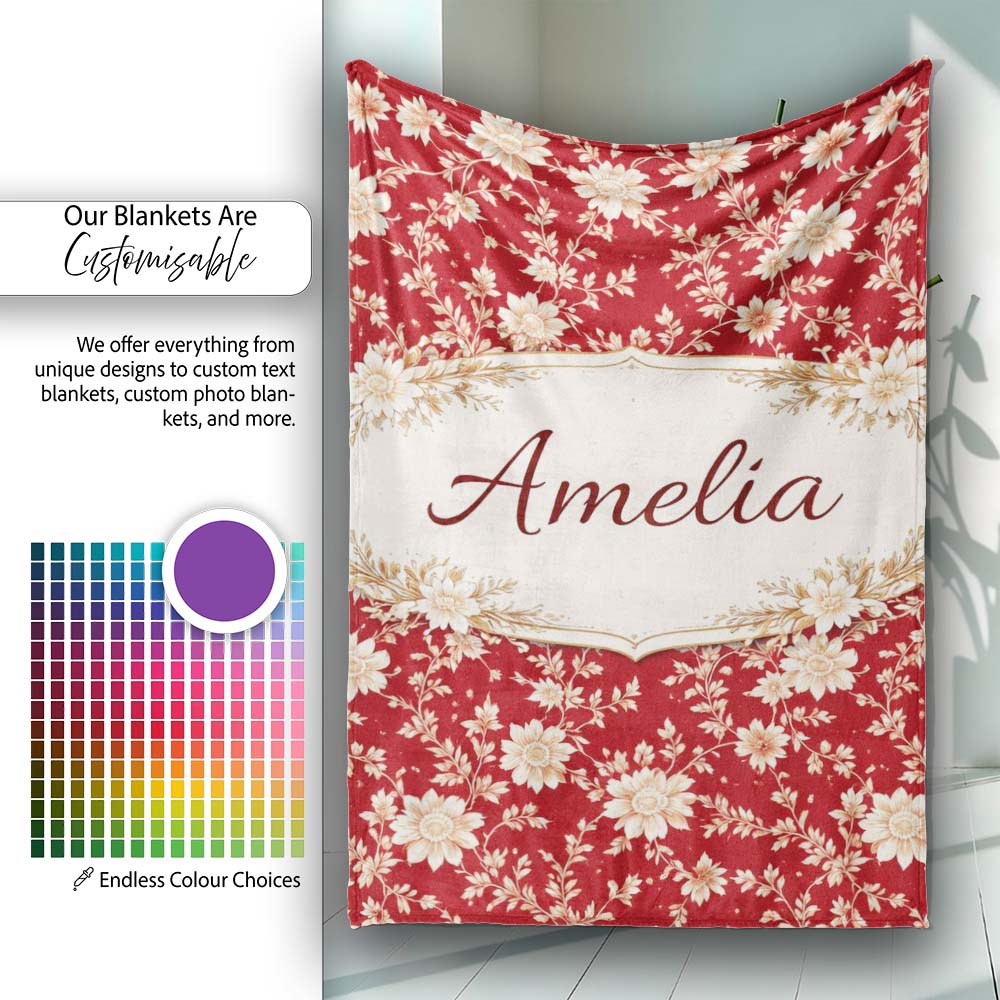 Classic Red and Cream Floral Seamless Pattern Stylish Everyday Personalised Custom Name Super Soft Fleece Blanket Bed Sofa Throw