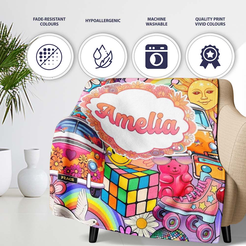 Hippie Van Rainbow Smileys Music Collage Purple Background Seamless Personalised Custom Name Super Soft Fleece Blanket Bed Sofa Throw