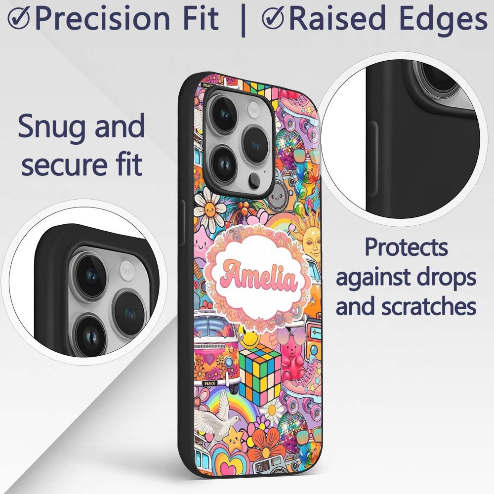 Hippie Van Rainbow Smileys Music Collage Purple Custom Name Protective Phone Case Mobile Cover Durable Everyday Smartphone Shock Resistant