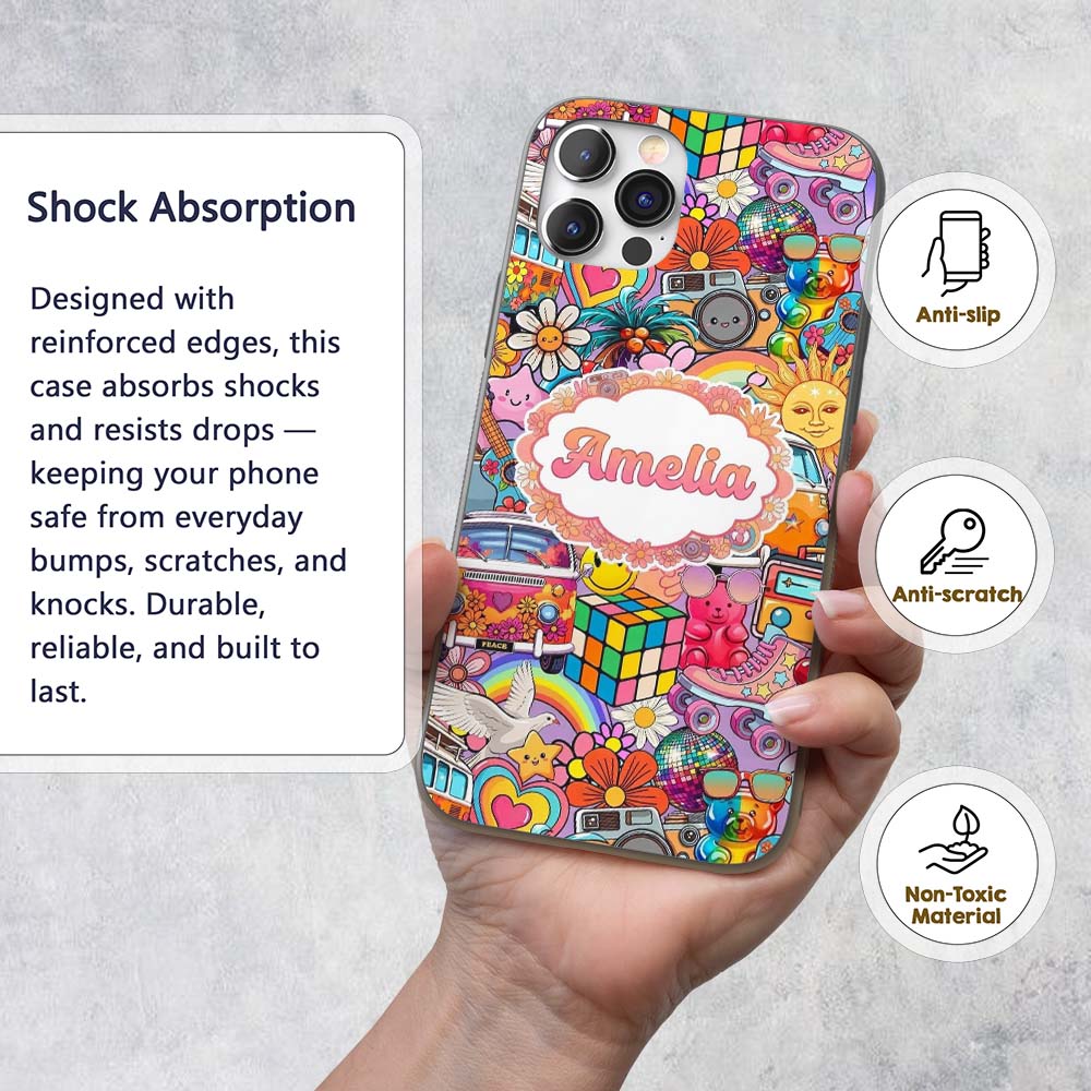 Hippie Van Rainbow Smileys Music Collage Purple Custom Name Protective Phone Case Mobile Cover Durable Everyday Smartphone Shock Resistant