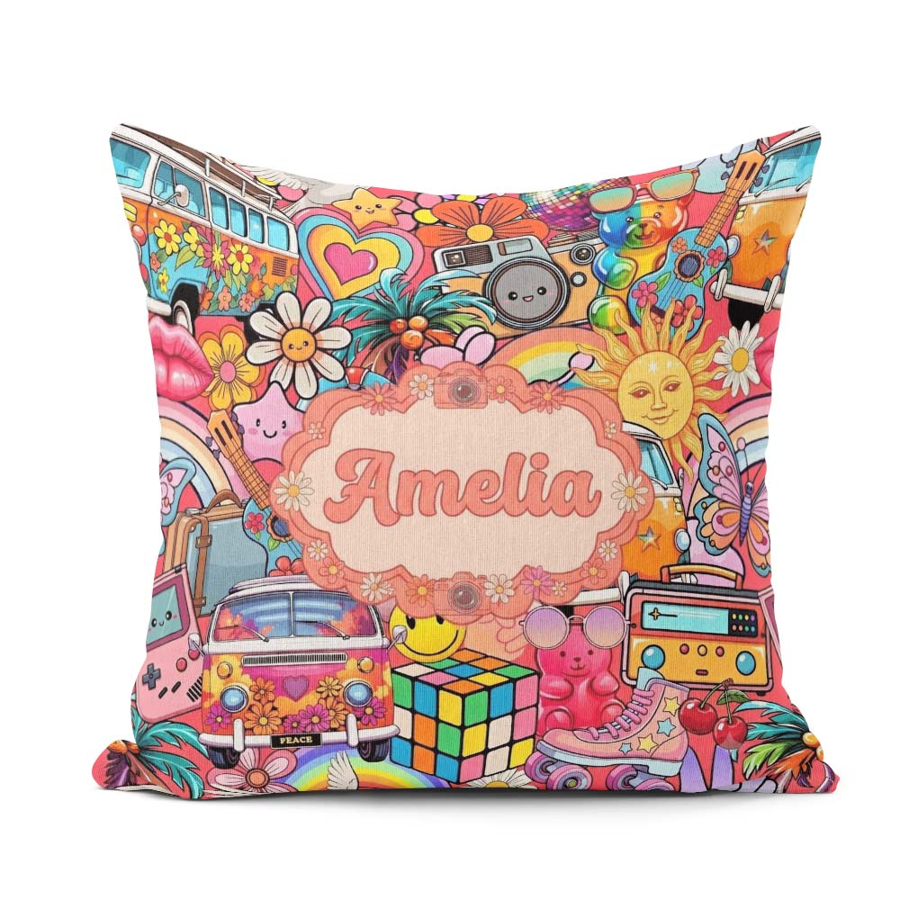 Custom Name Hippie Van Rainbow Smileys Music Background Seamless Square Filled Cushion Throw Pillow Sofa Bed Home Decor Zip Washable UK Made