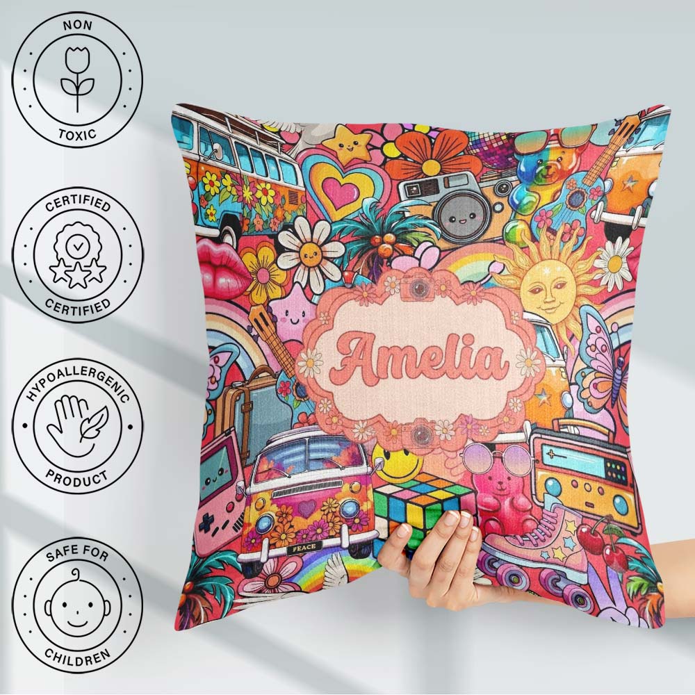 Custom Name Hippie Van Rainbow Smileys Music Background Seamless Square Filled Cushion Throw Pillow Sofa Bed Home Decor Zip Washable UK Made