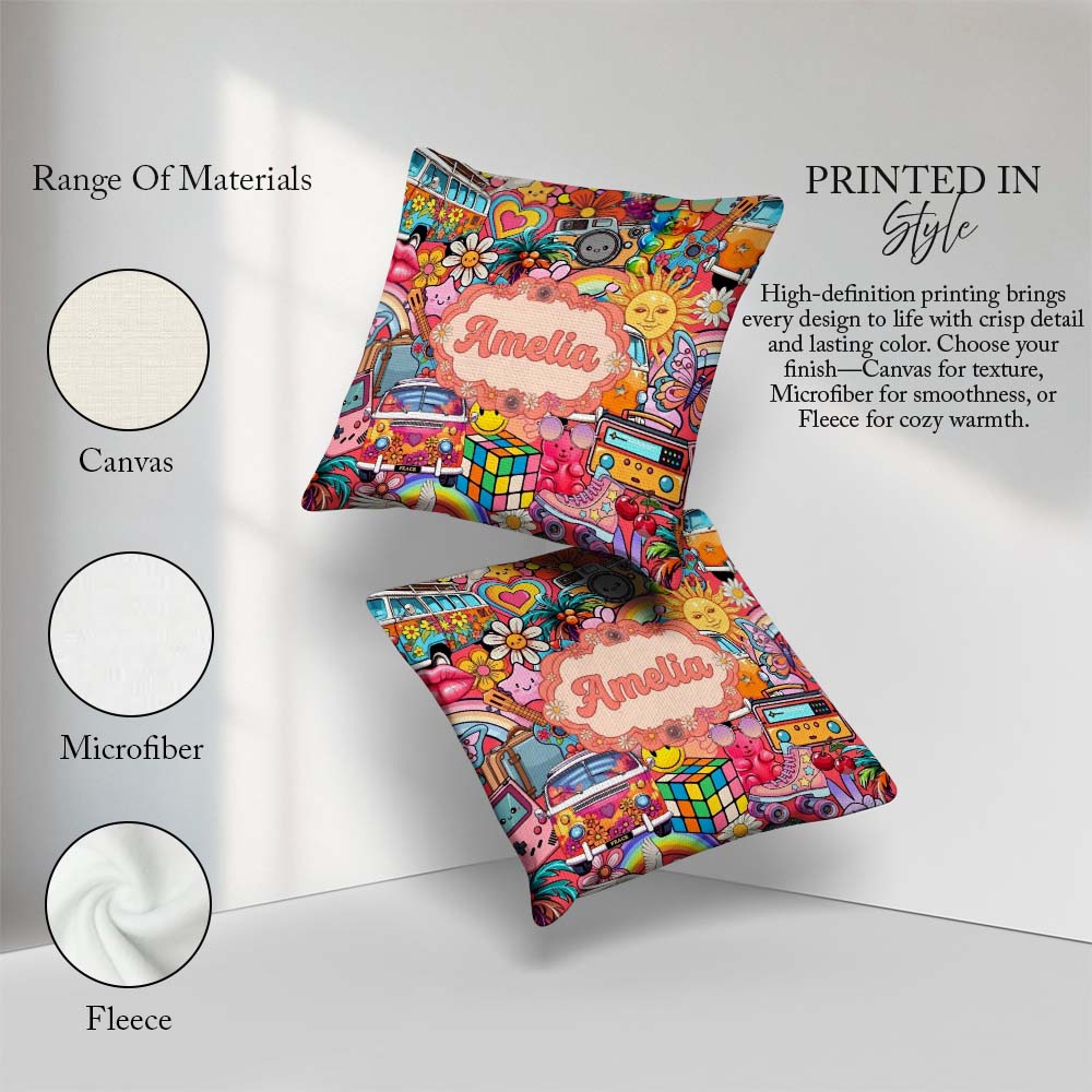 Custom Name Hippie Van Rainbow Smileys Music Background Seamless Square Filled Cushion Throw Pillow Sofa Bed Home Decor Zip Washable UK Made
