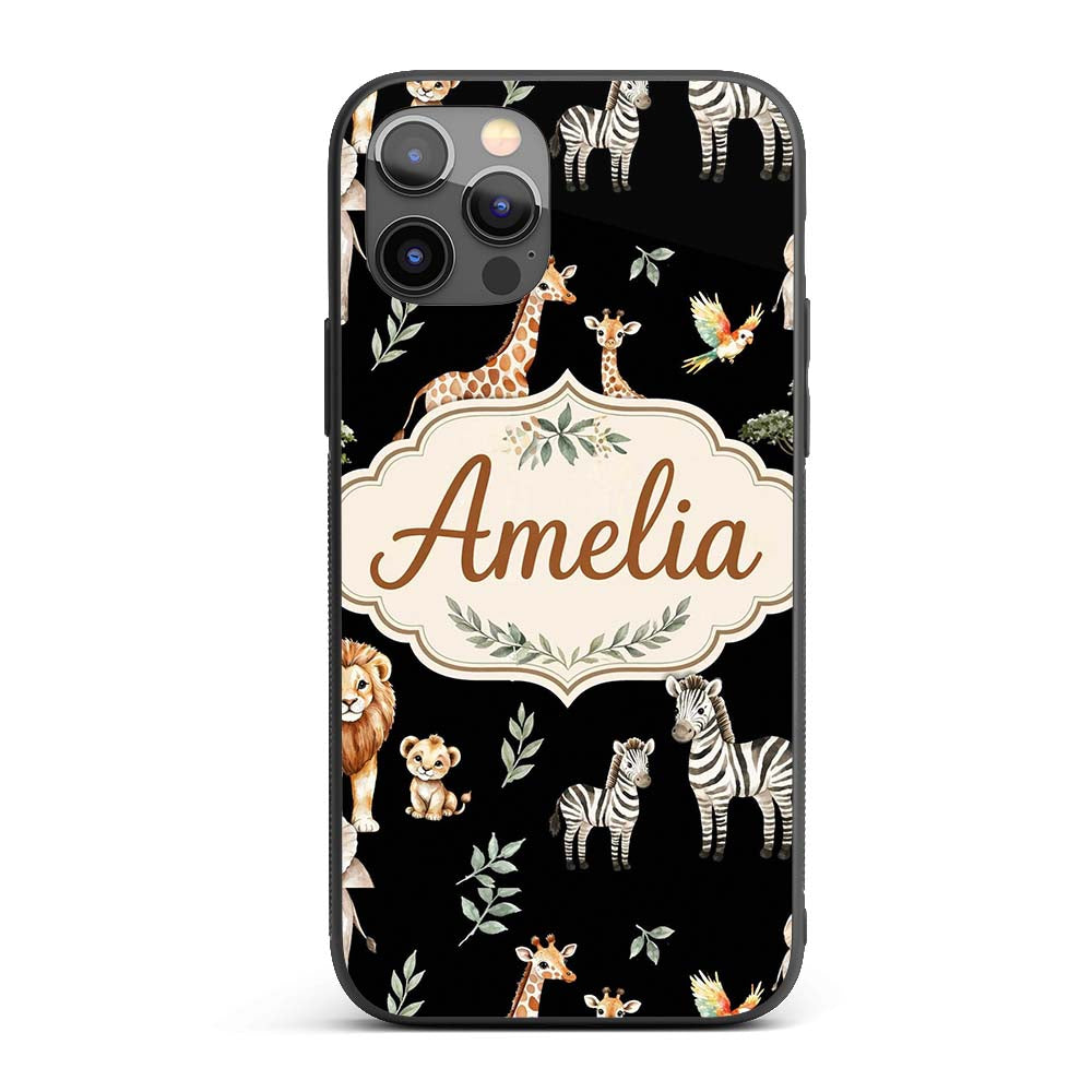 Watercolor Safari Jungle Animals Giraffe Lion Custom Name Protective Phone Case Mobile Cover Durable Everyday Smartphone Shock Resistant