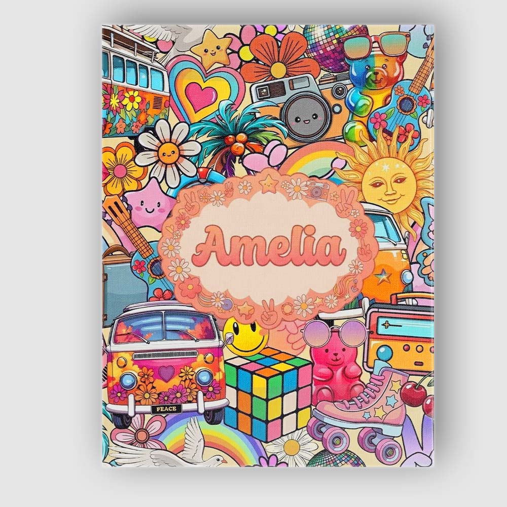 Personalised Name Hippie Rainbow Smileys Custom Unique Gift Idea Elegant Feature Canvas Wall Art Print Decor Picture Ready to Hang