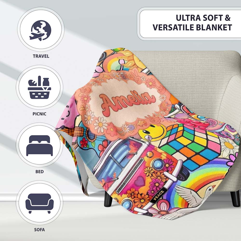 Hippie Rainbow Smileys Music Collage Cream Background Seamless Personalised Custom Name Super Soft Fleece Blanket Bed Sofa Throw