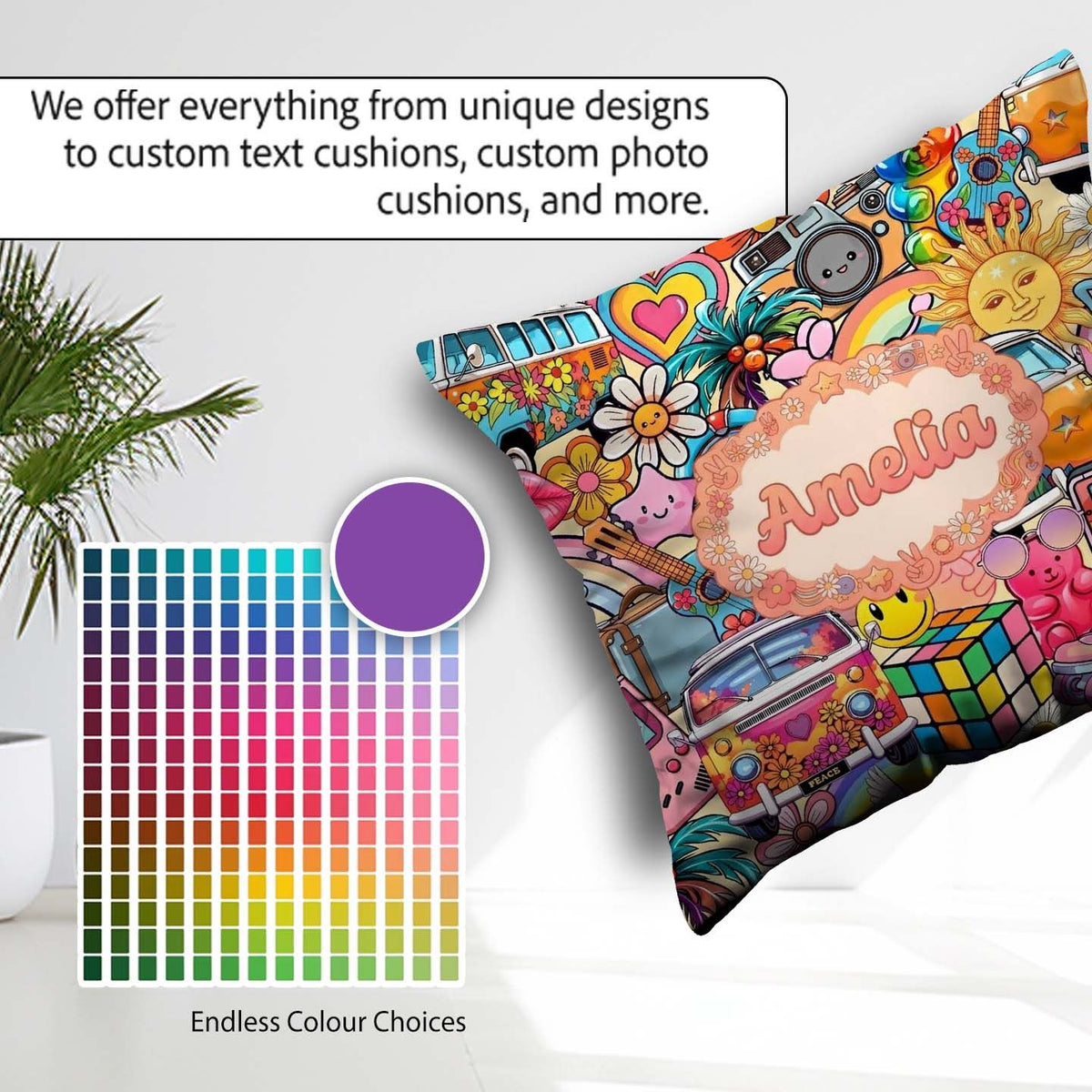 Custom Name Hippie Rainbow Smileys Music Collage Cream Seamless Square Filled Cushion Throw Pillow Sofa Bed Home Decor Zip Washable UK Made