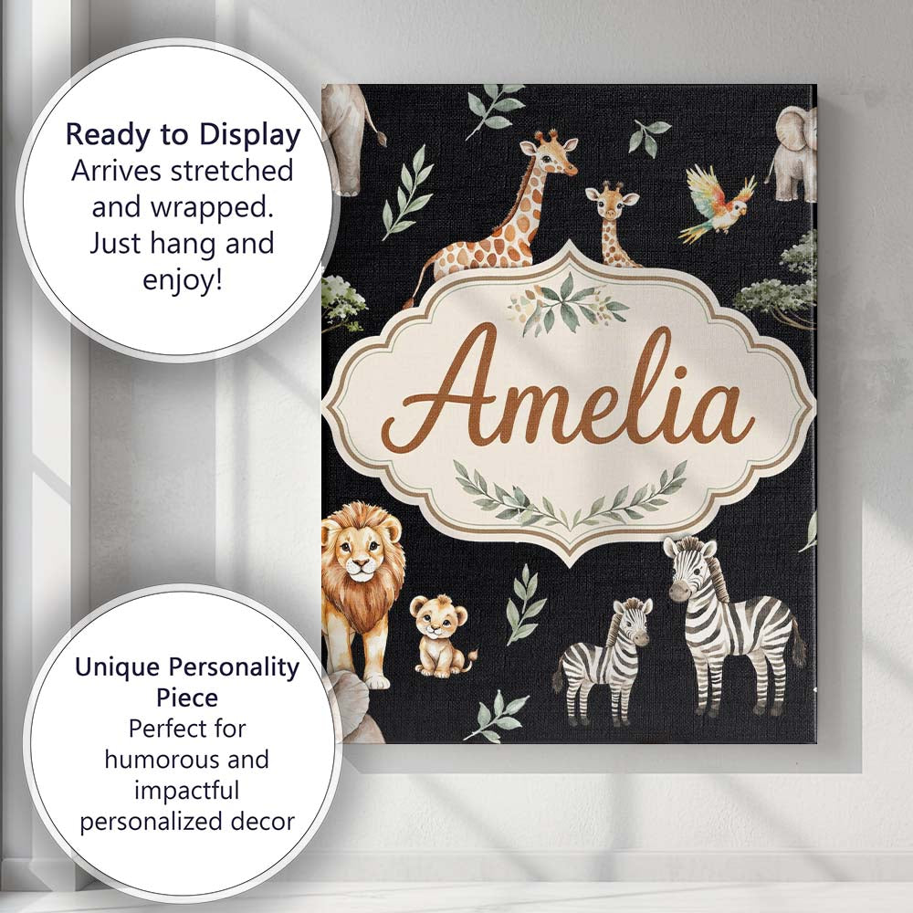 Personalised Name Watercolor Safari Jungle Animals Giraffe Lion Custom Statement Canvas Wall Art Print Decor Picture Ready to Hang