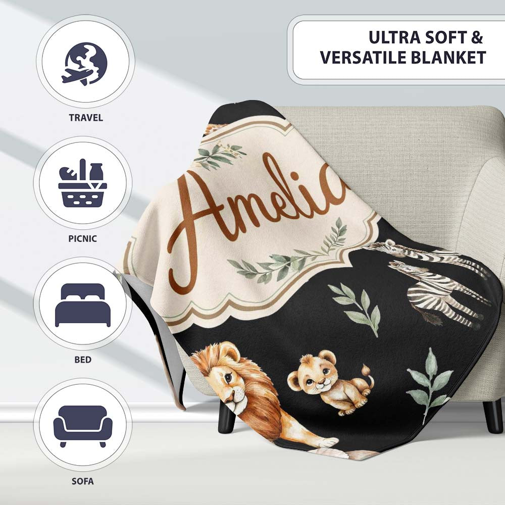Watercolor Safari Jungle Animals Giraffe Lion Zebra Seamless Pattern Personalised Custom Name Super Soft Fleece Blanket Bed Sofa Throw
