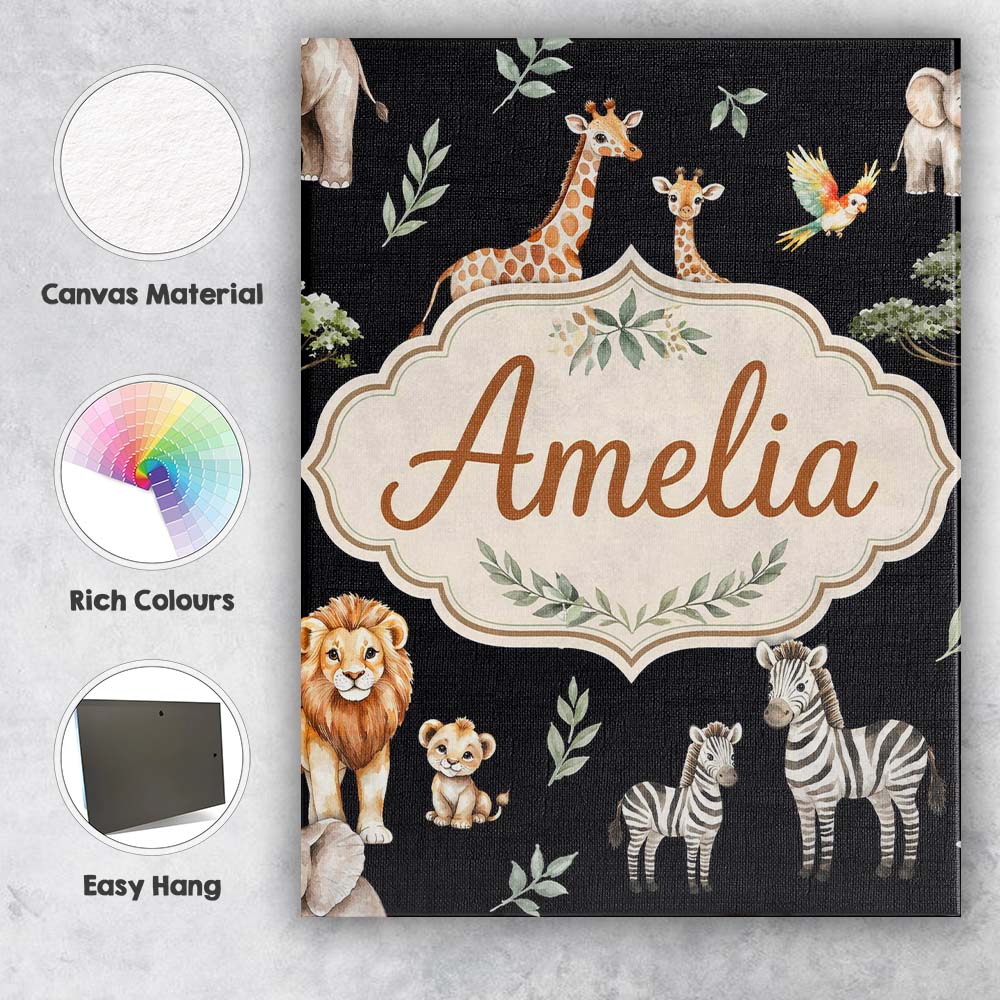 Personalised Name Watercolor Safari Jungle Animals Giraffe Lion Custom Statement Canvas Wall Art Print Decor Picture Ready to Hang