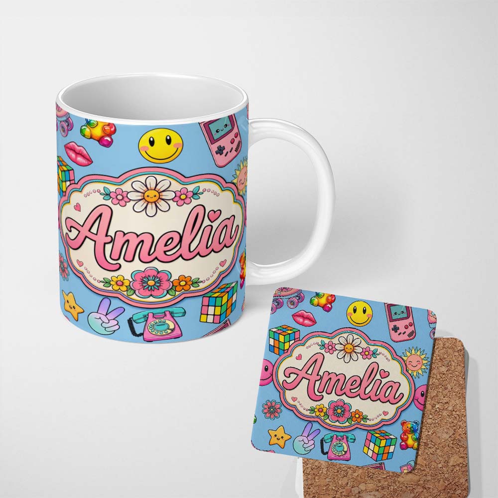 Personalized Custom Name Smiley Roller Skate Game Console Blue Background Seamless Pattern 11oz Ceramic Coffee Tea Mug White Large Handle