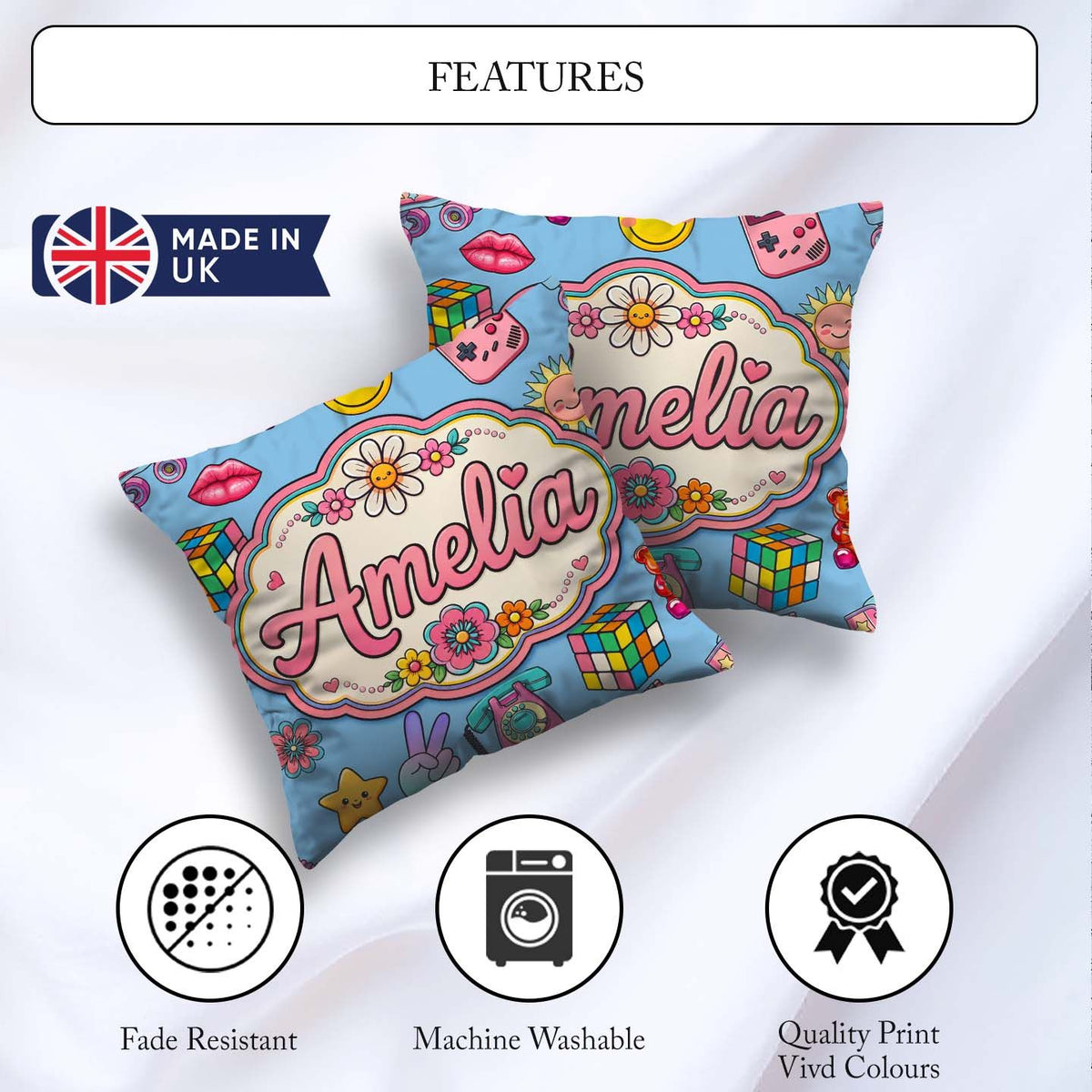 Custom Name Smiley Roller Skate Game Console Background Seamless Square Filled Cushion Throw Pillow Sofa Bed Home Decor Zip Washable UK Made