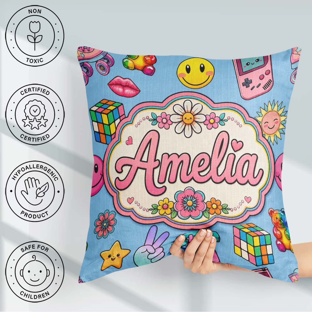 Custom Name Smiley Roller Skate Game Console Background Seamless Square Filled Cushion Throw Pillow Sofa Bed Home Decor Zip Washable UK Made