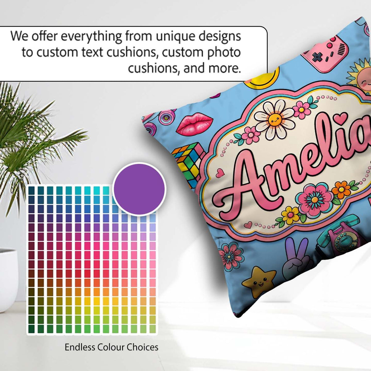 Custom Name Smiley Roller Skate Game Console Background Seamless Square Filled Cushion Throw Pillow Sofa Bed Home Decor Zip Washable UK Made