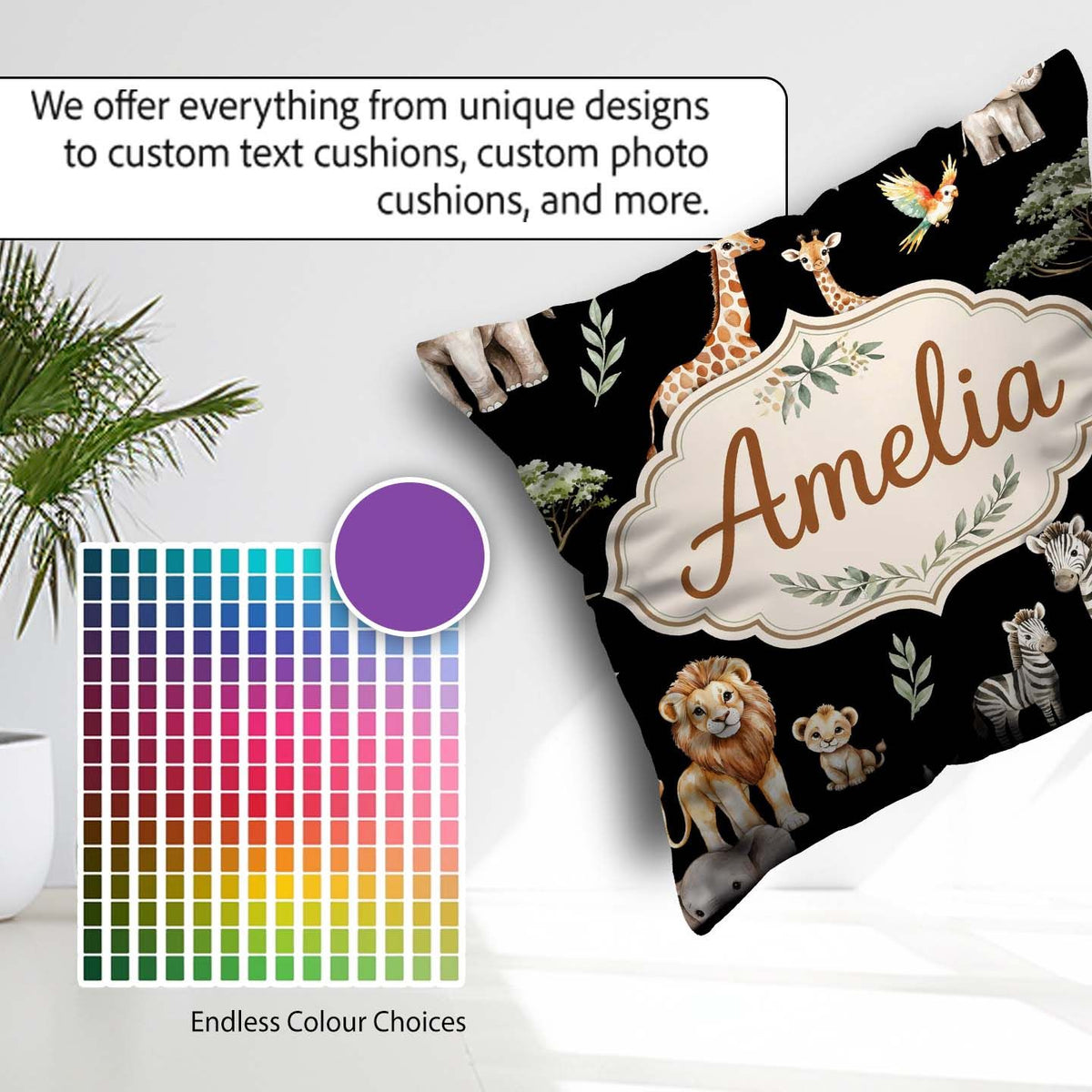 Custom Name Watercolor Safari Jungle Animals Lion Zebra Seamless Square Filled Cushion Throw Pillow Sofa Bed Home Decor Zip Washable UK Made