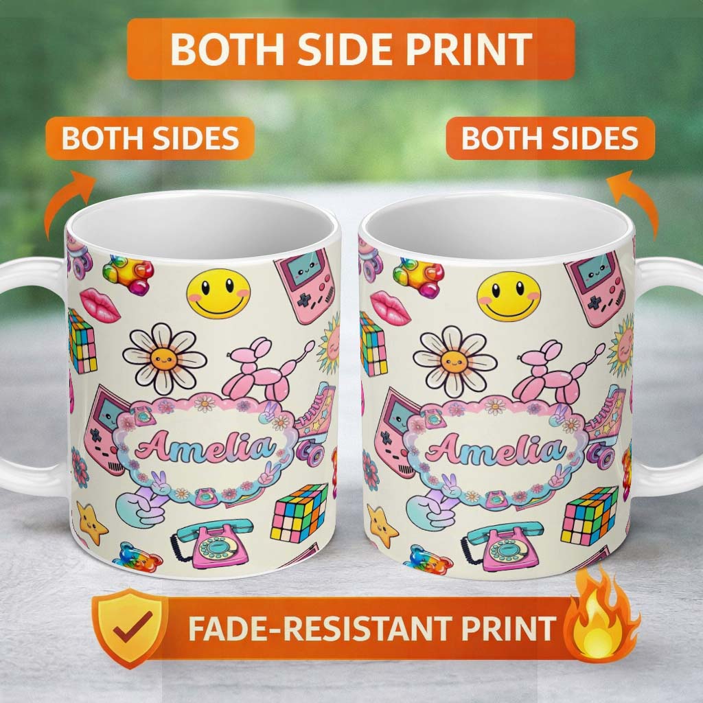 Personalized Custom Name Smiley Roller Skate Game Console Light Cream Background Seamless 11oz Ceramic Coffee Tea Mug White Large Handle