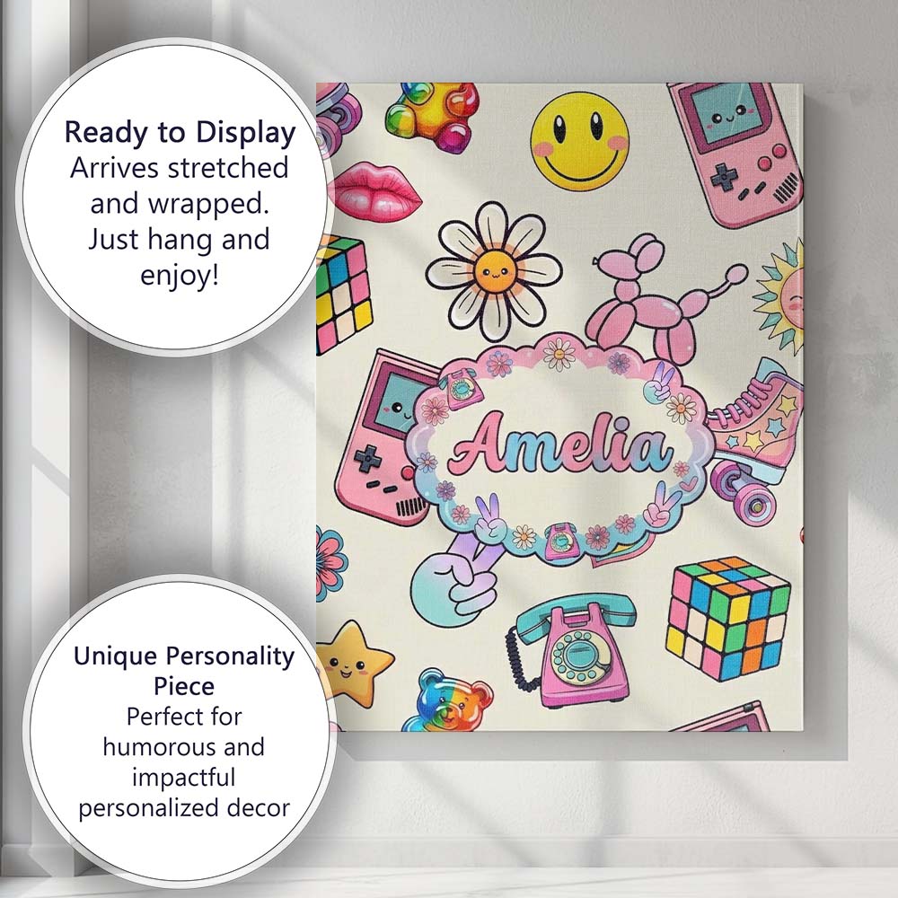 Personalised Name Smiley Roller Skate Game Custom Unique Gift Idea Elegant Feature Canvas Wall Art Print Decor Picture Ready to Hang