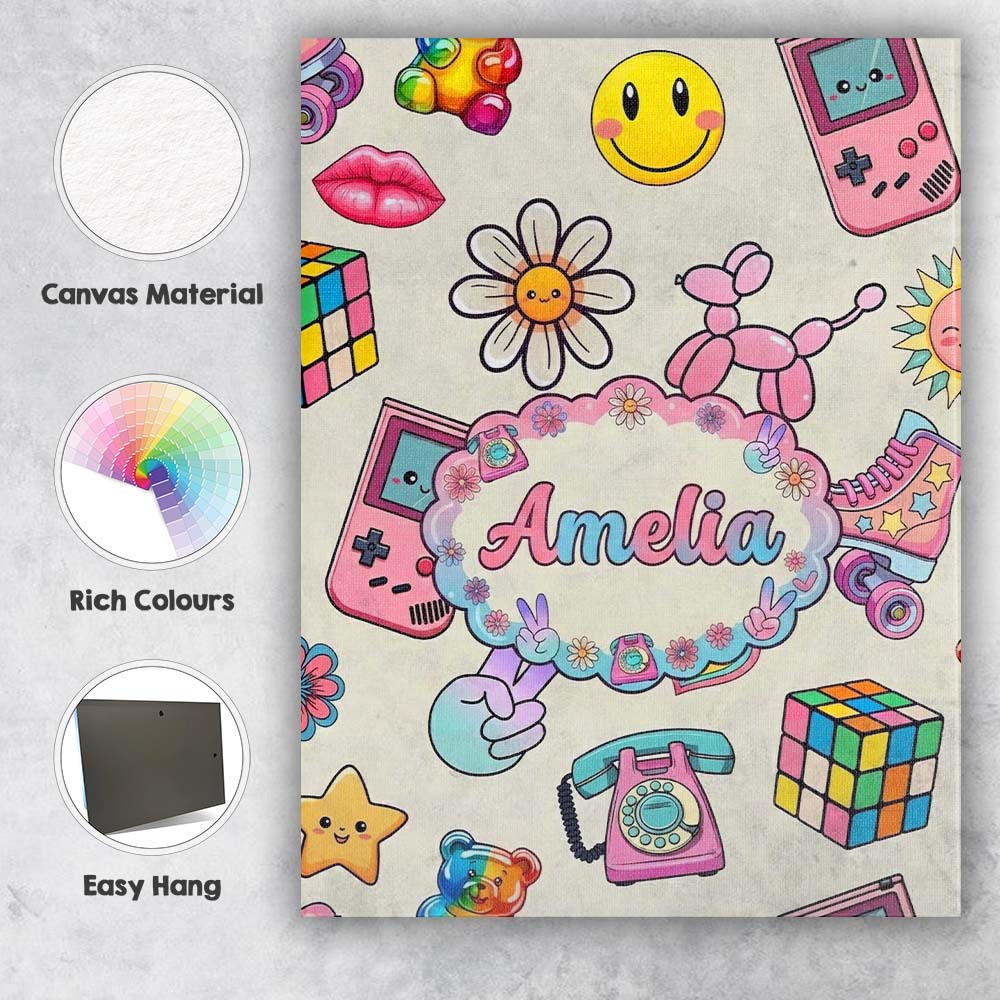 Personalised Name Smiley Roller Skate Game Custom Unique Gift Idea Elegant Feature Canvas Wall Art Print Decor Picture Ready to Hang