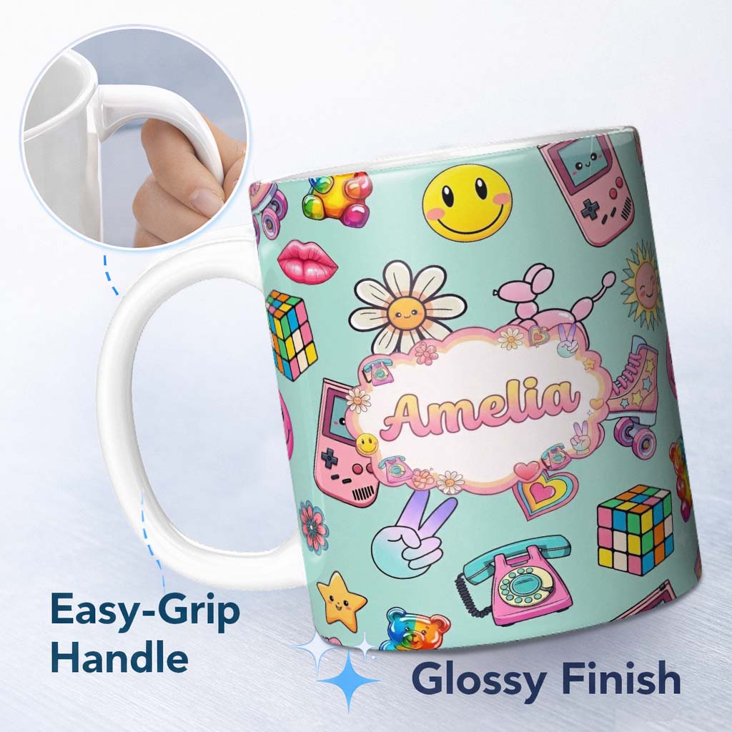 Personalized Custom Name Smiley Roller Skate Game Console Mint Green Background Seamless 11oz Ceramic Coffee Tea Mug White Large Handle
