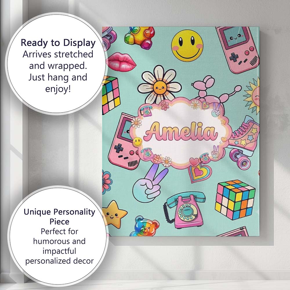 Personalised Name Smiley Roller Skate Game Custom Unique Gift Idea Elegant Feature Canvas Wall Art Print Decor Picture Ready to Hang