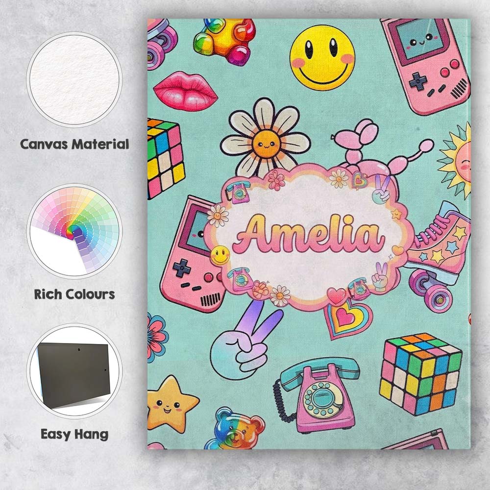 Personalised Name Smiley Roller Skate Game Custom Unique Gift Idea Elegant Feature Canvas Wall Art Print Decor Picture Ready to Hang