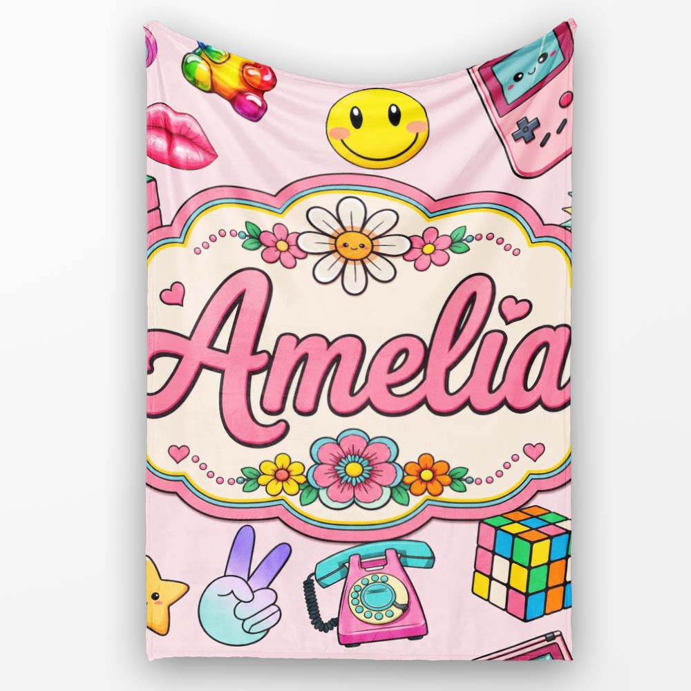 Smiley Roller Skate Game Console Blush Pink Background Seamless Personalised Custom Name Super Soft Fleece Blanket Bed Sofa Throw