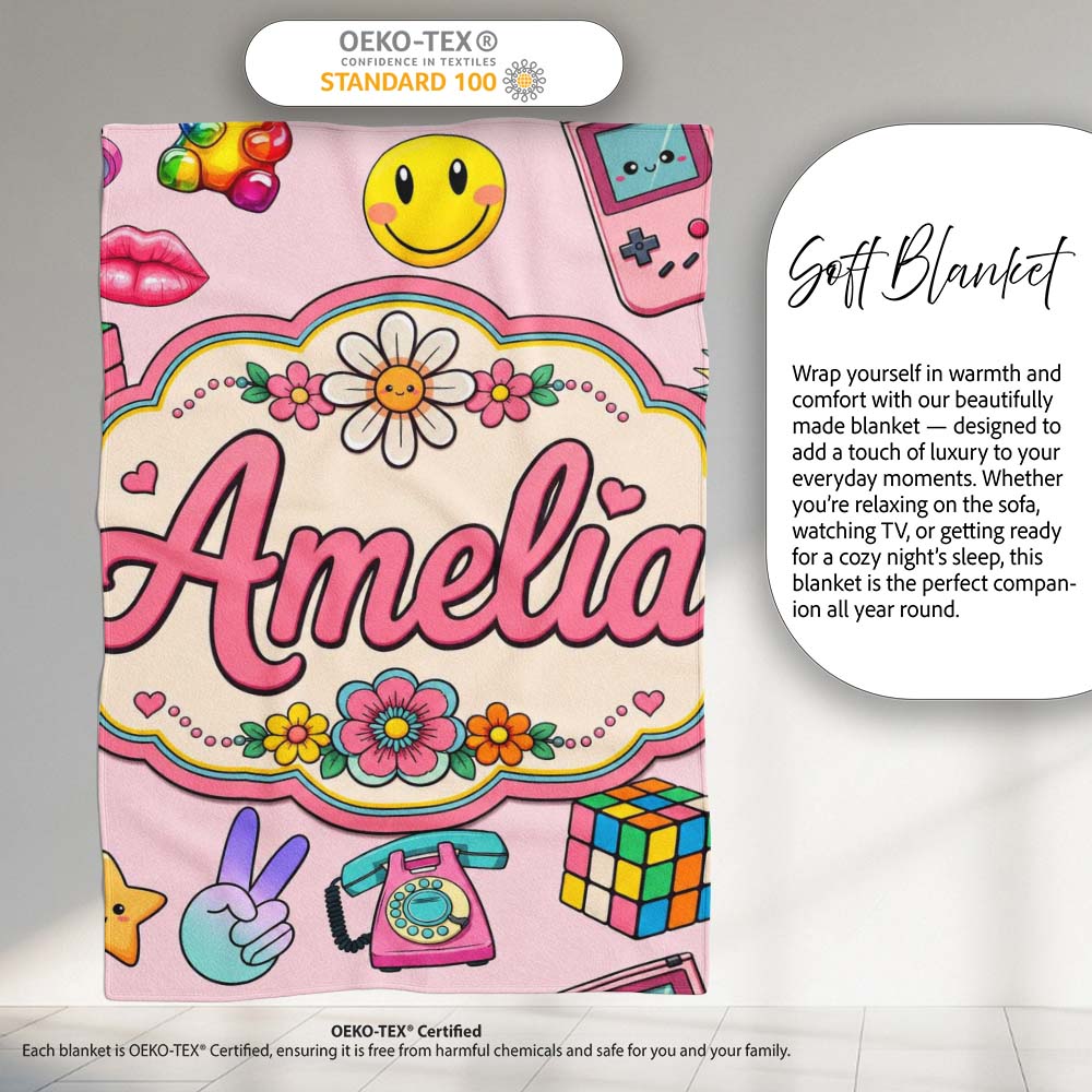 Smiley Roller Skate Game Console Blush Pink Background Seamless Personalised Custom Name Super Soft Fleece Blanket Bed Sofa Throw