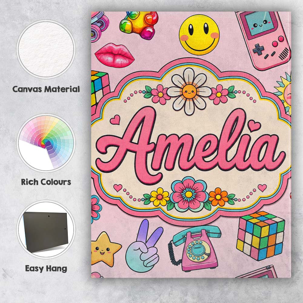 Personalised Name Smiley Roller Skate Game Custom Unique Gift Idea Elegant Feature Canvas Wall Art Print Decor Picture Ready to Hang