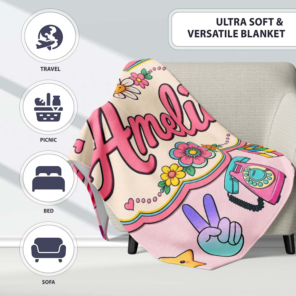 Smiley Roller Skate Game Console Blush Pink Background Seamless Personalised Custom Name Super Soft Fleece Blanket Bed Sofa Throw