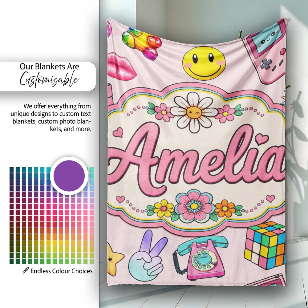 Smiley Roller Skate Game Console Blush Pink Background Seamless Personalised Custom Name Super Soft Fleece Blanket Bed Sofa Throw