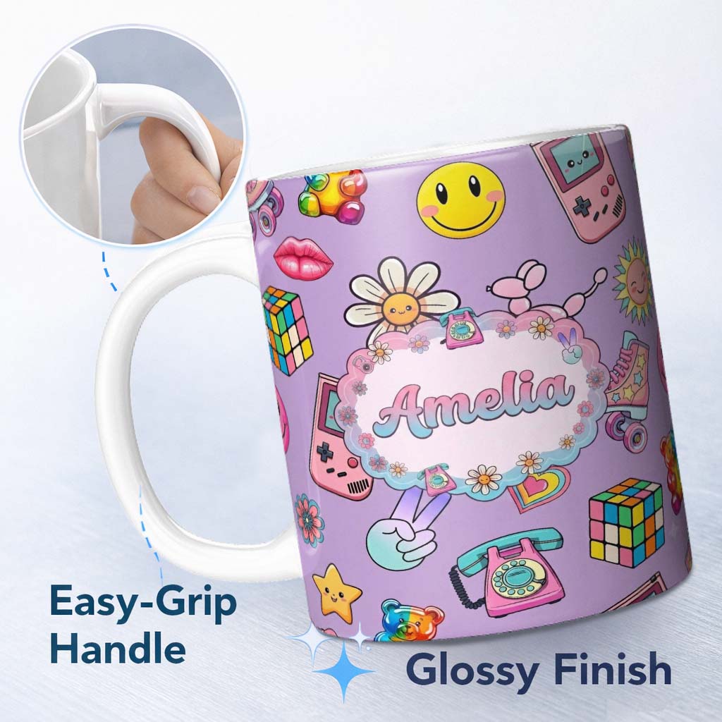Personalized Custom Name Smiley Roller Skate Game Console Purple Background Seamless Pattern 11oz Ceramic Coffee Tea Mug White Large Handle