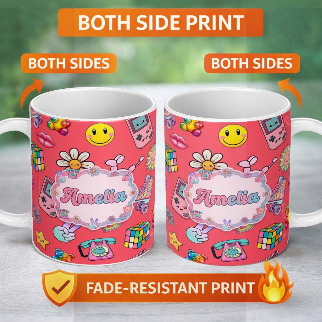 Personalized Custom Name Gummy Bear Rainbow Roller Skate Red Background Seamless Pattern 11oz Ceramic Coffee Tea Mug White Large Handle