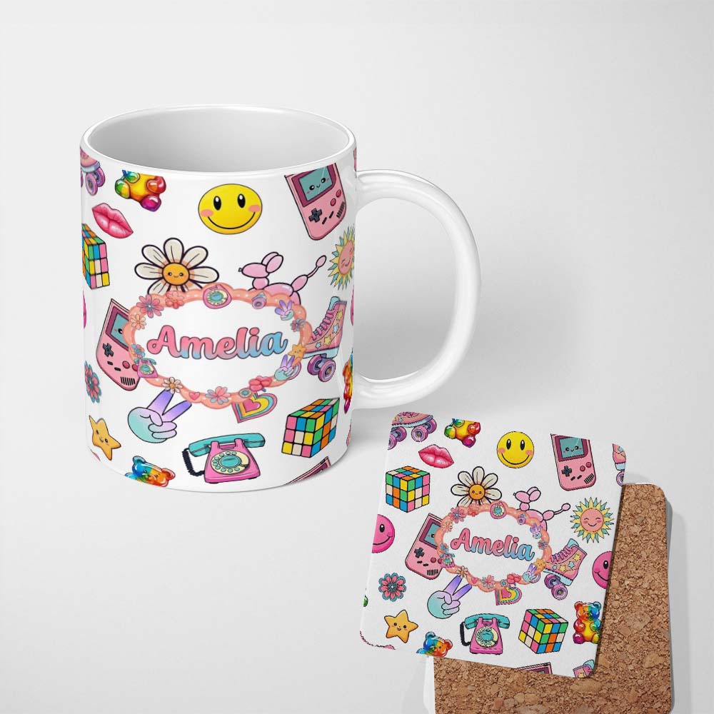 Personalized Custom Name Gummy Bear Rainbow Roller Skate Light Grey Background Seamless 11oz Ceramic Coffee Tea Mug White Large Handle