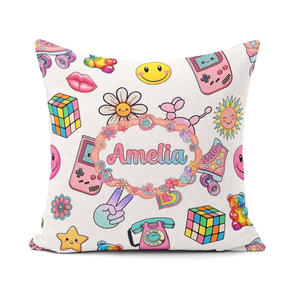 Custom Name Gummy Bear Rainbow Roller Skate Light Grey Seamless Square Filled Cushion Throw Pillow Sofa Bed Home Decor Zip Washable UK Made